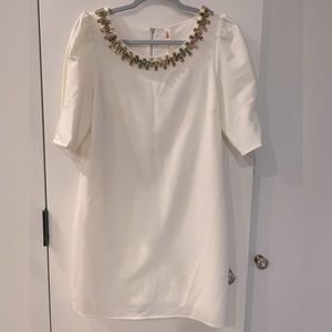 Alice Moon White Puff Sleeve Shift Dress With Rainbow Rhinestone Neckline M